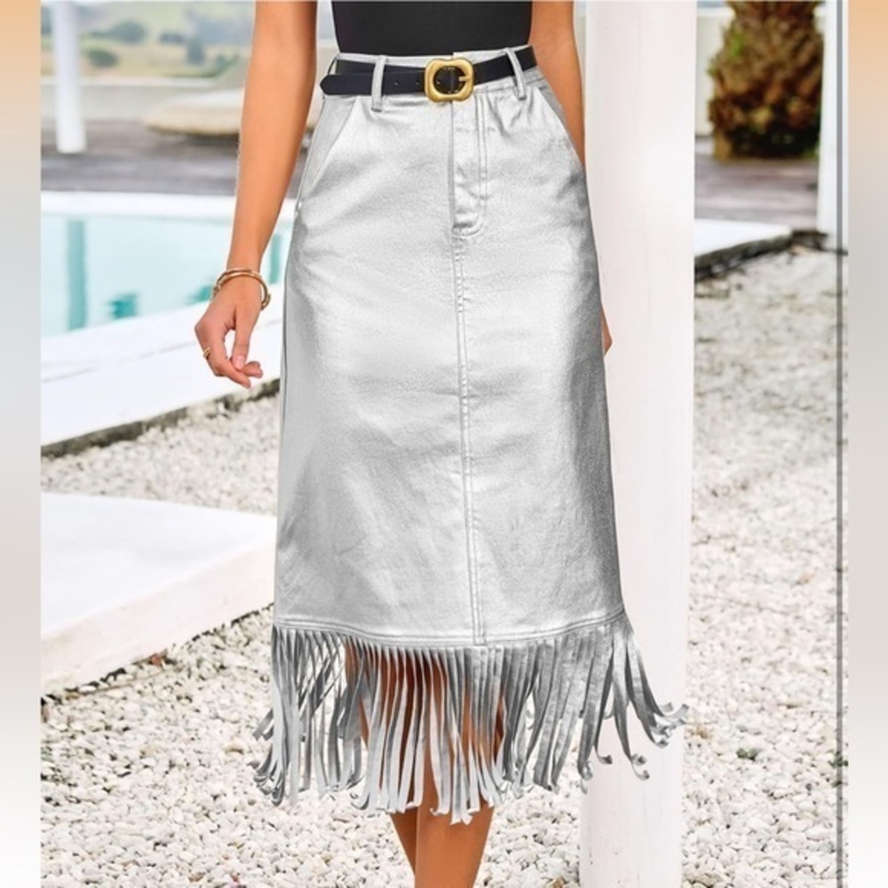 NWT Silver Fringe Midi Skirt Size 10